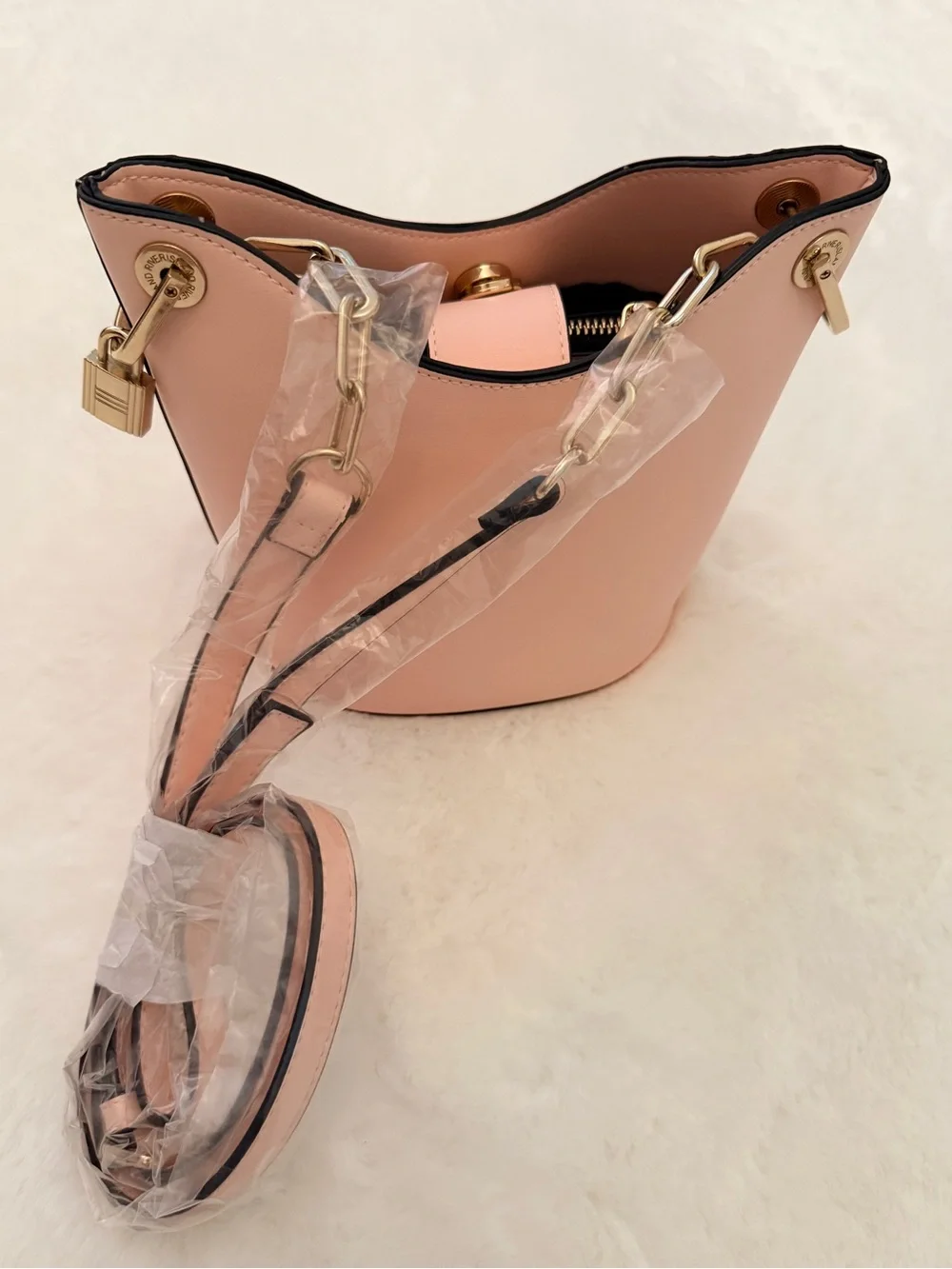 Small River Island Pink Pearl-Trim Crossbody Bucket Bag
